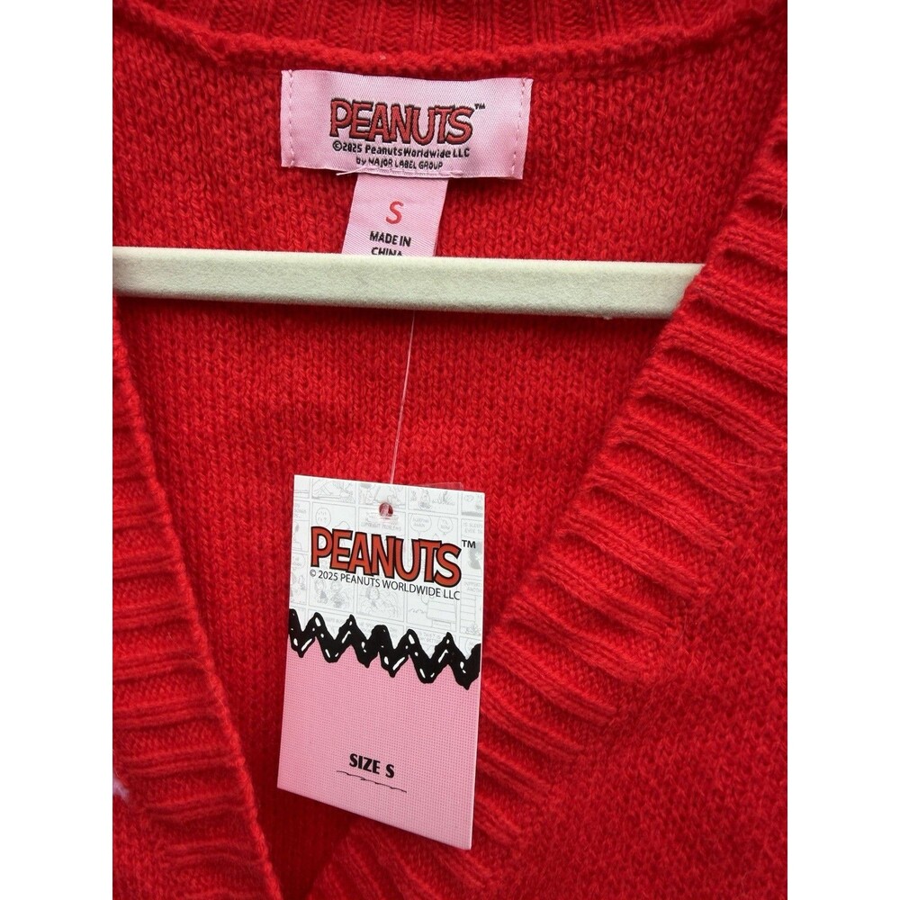 Peanuts Snoopy Heart Check Knit Cardigan Sweater Acrylic V-Neck S NWT - Picture 6 of 9